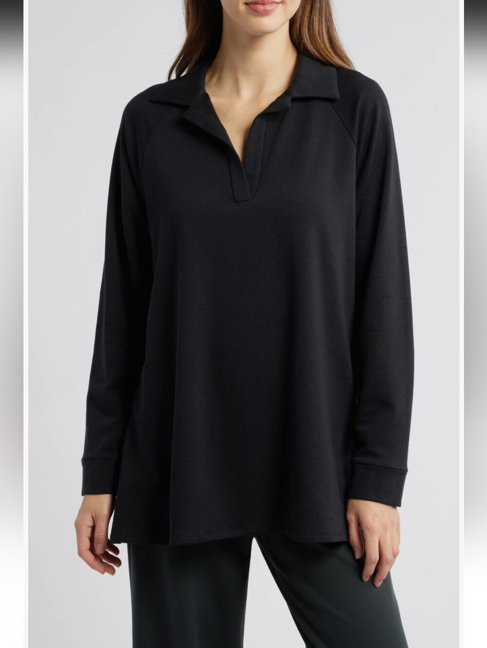 Eileen Fisher Johnny Collar Black Soft Tunic Top Size XS